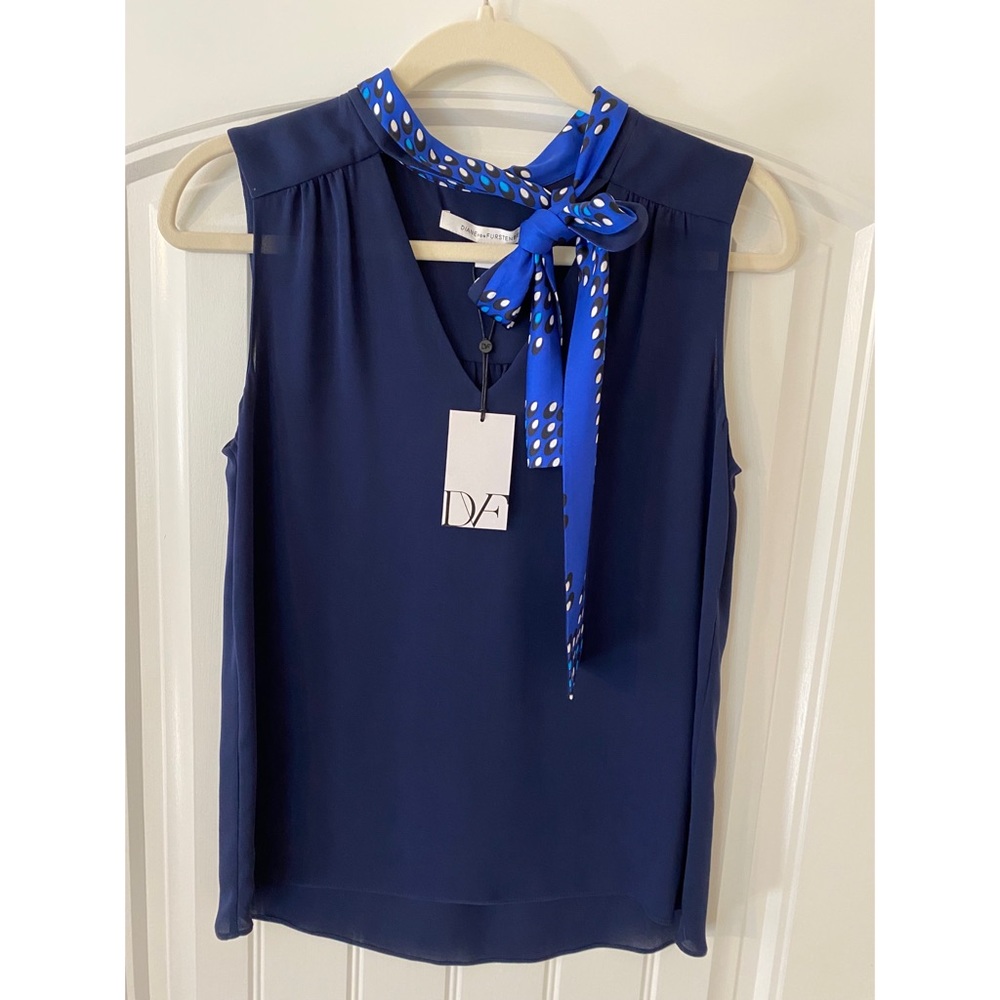 DVF Silk Blue Tie Blouse Small Pussycat Bow
